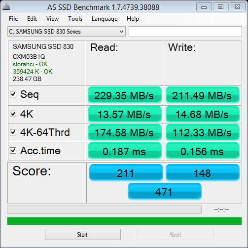 AS SSD benchmark on Samsun 830 256 GB